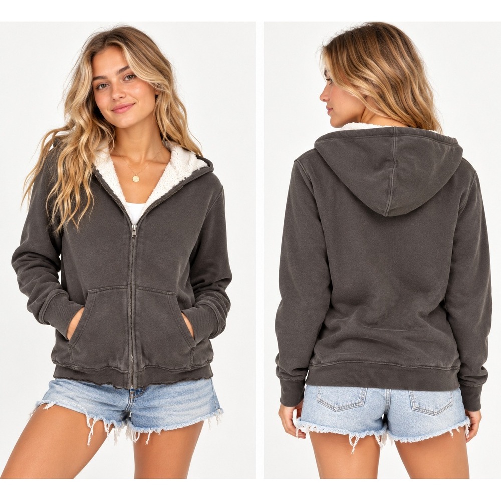 Abercrombie and Fitch Hoodie Womens Small Olive Faux Fur Lined Y2K Full Zip